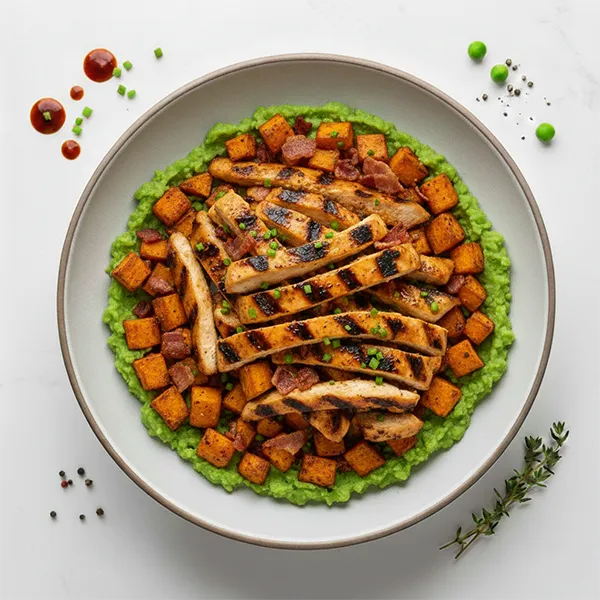 Smoky Bbq Chicken With Sweet Potato  & Peas Mash